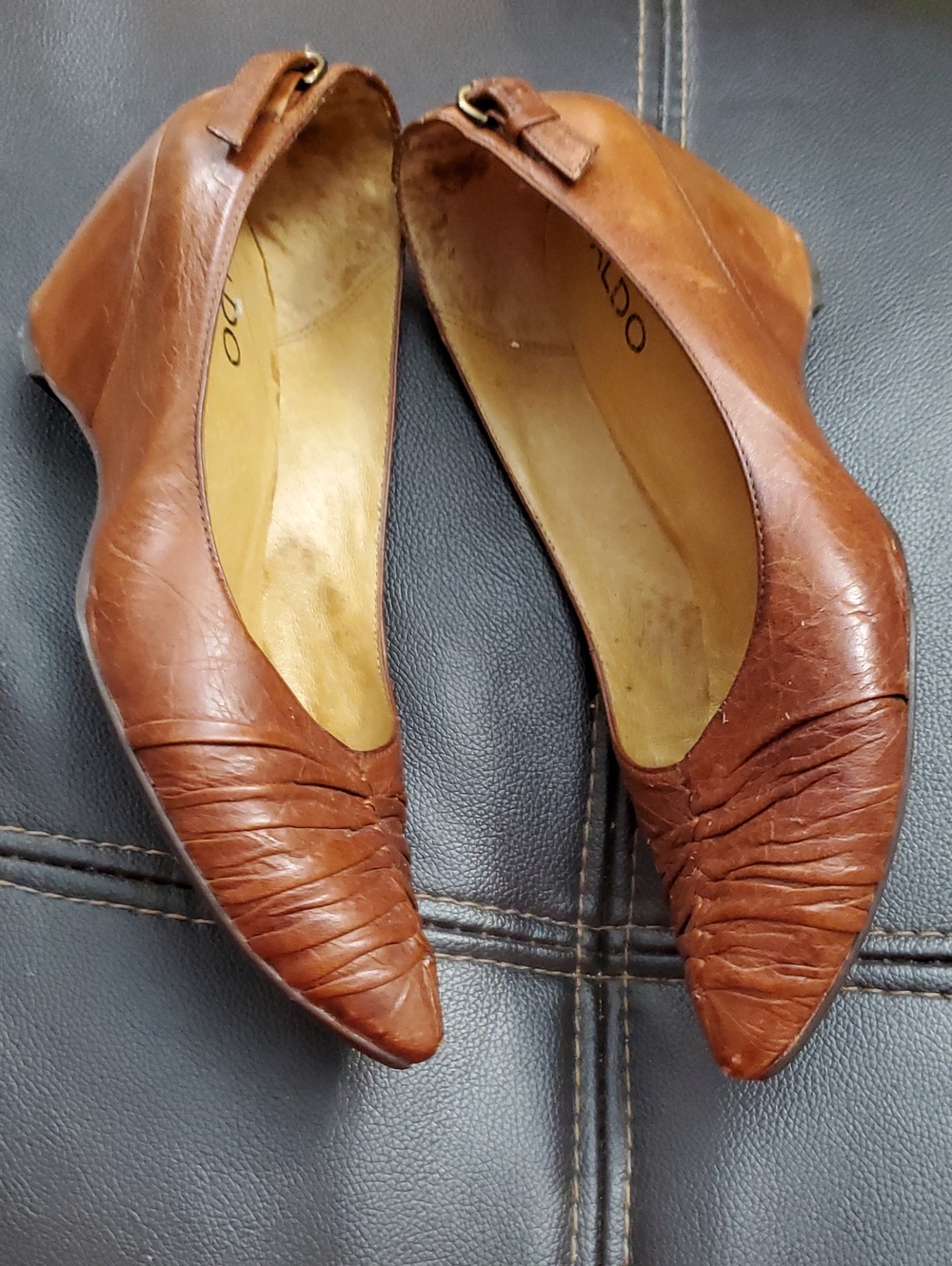 Aldo Tan Leather Pointed Toe Flats with Ruched Detail